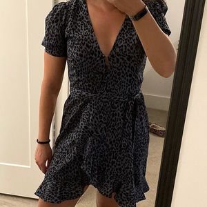 Fun blue leopard wrap dress with ruffle bottom